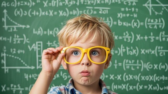 A young boy with a puzzled expression in front of a complex math equation background