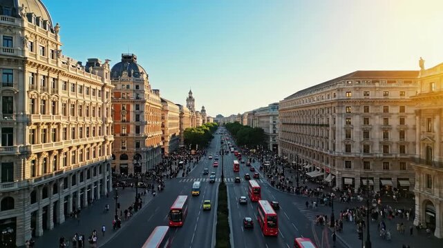 Captivating golden hour light illuminates a wide European avenue bustling with red buses and pedestrians, great for travel documentaries and city life promotions.