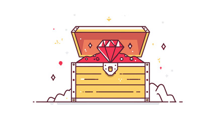 An illustration depicting an open treasure chest overflowing with gems, diamonds. Surrounded by glittering particles