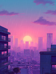Rainy City Skyline At Pink Sunset Anime Style