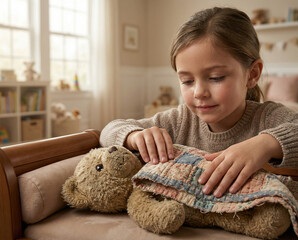 Young girl tucking in teddy bear with quilt in cozy bedroom  