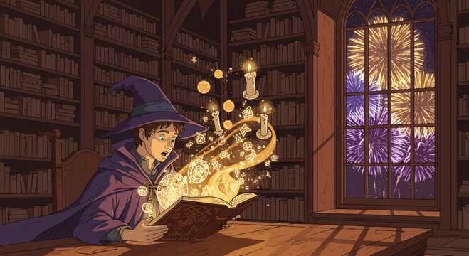 Young Wizard Immersed in Spellbook Casting Magic in a Library.