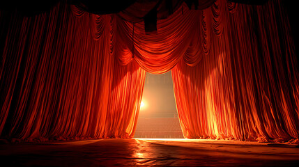 Dramatic stage curtains in rich red tones, illuminated by warm light, revealing a blurred background, creating a sense of anticipation and theatrical atmosphere.