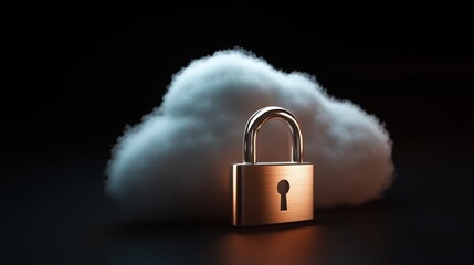 Secure cloud computing concept with metal padlock on dark background, symbolizing data protection, cybersecurity, privacy, encryption and safe digital storage