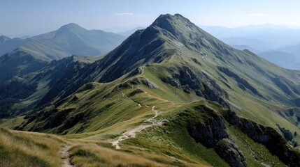 Fototapeta premium Mountain range with trails, grassy slopes, and distant hazy peaks under a blue sky