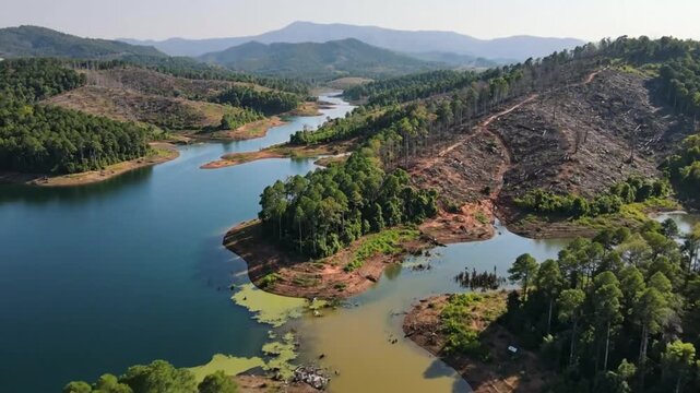Aerial View of a Forested Landscape with a Blue Lake and Evidence of Deforestation Revealing Environmental Impact