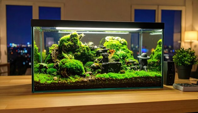 A rectangular aquarium with lush green plants and a small statue on a wooden desk at night