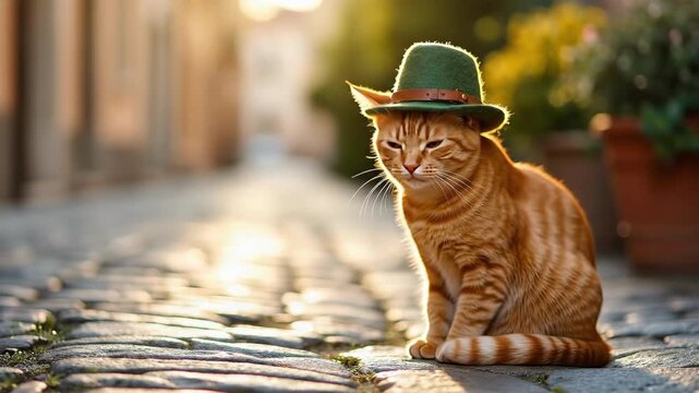 Ginger cat wearing green hat sitting on cobblestone path in sunlight. Saint Patrick's Day, St Paddy's Day, St Patty's Day - Irish National Holiday and Cultural Celebration