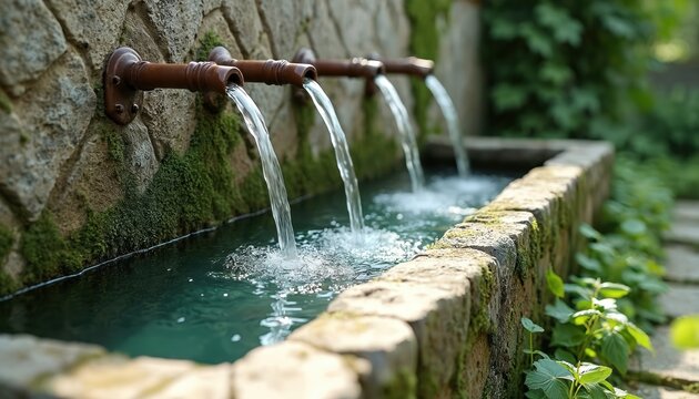 Old stone water trough with multiple spouts pouring fresh water into garden basin. Green moss covers stone wall and edges of basin. Natural landscaping with plants visible.