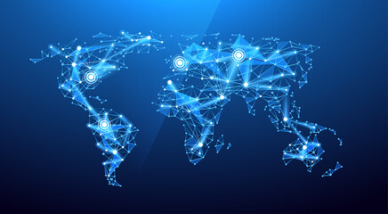 Global Cyber Network Illustration. Vector 3D Poly-Mesh World Map with Glowing Connection Nodes and Digital Data Links on Blue Background