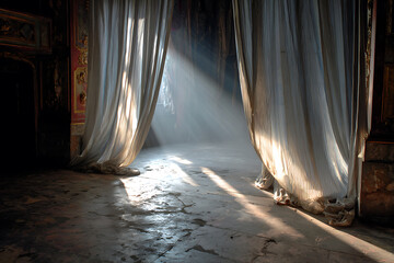 Dramatic interior with parted curtains and atmospheric light rays illuminating a weathered floor, creating a mysterious and evocative scene with rich textures.