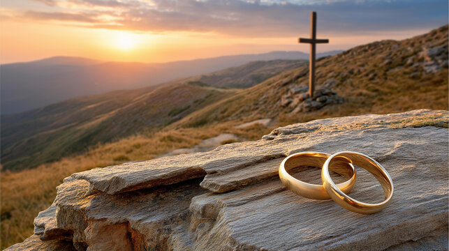 Wedding rings resting with cross on mountain peak, golden rings near wooden cross, Christian marriage ceremony sunset, love faith eternity nature symbolism, with copy space