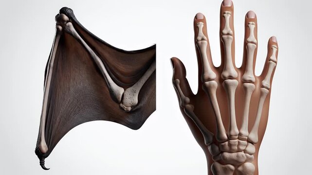 Comparative Anatomy Of Bat Wing And Human Hand Skeletons Against A Clean Studio Background
