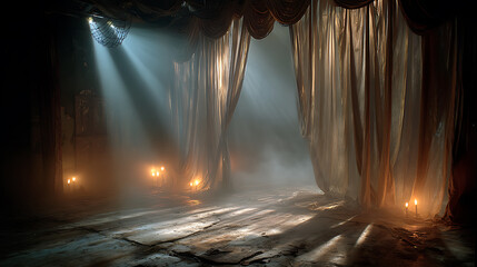 Eerie stage with illuminated curtains, scattered debris, and atmospheric light rays, digital art, conceptual illustration, 3D render