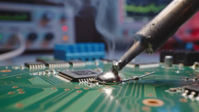 Close-up of a soldering iron melting solder onto a circuit board with components and equipment in the background