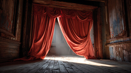 Dramatic, aged theater stage with crimson curtains partially open, revealing a hazy light, creating a haunting and evocative atmosphere, digital illustration.