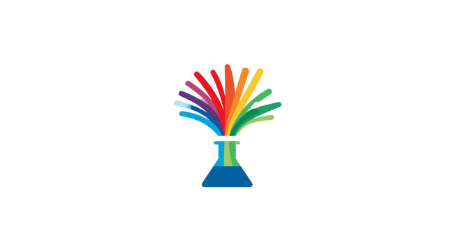 A geometric lab flask expels vibrant, multicolored bursts on a white background