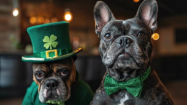 Two dogs in st. patrick's day costumes with green hat and bow tie. Saint Patrick's Day, St Paddy's Day, St Patty's Day - Irish National Holiday and Cultural Celebration
