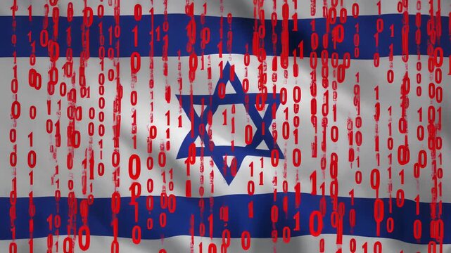 Israel Flag Waving with Red Binary Code Rain Cyber Attack Animation
