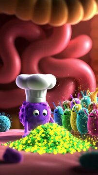 Friendly Purple Microbe Chef Sprinkling Probiotics Among Diverse Gut Bacteria In Intestinal Tract Environment With Warm Lighting
