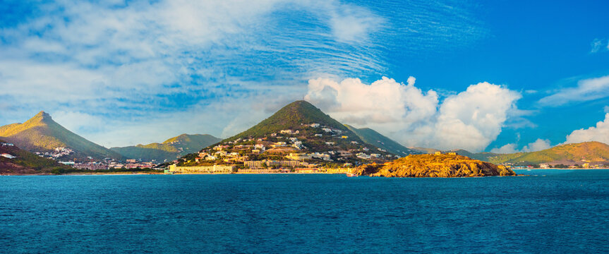 Scenic view of the coastline of Sint Maarten island, Eastern Caribbean Sea