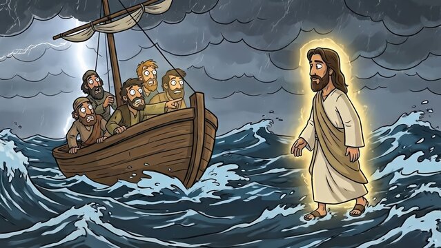 Jesus Christ walking on water towards frightened disciples in a boat during a stormy sea, with waves crashing and dark clouds overhead