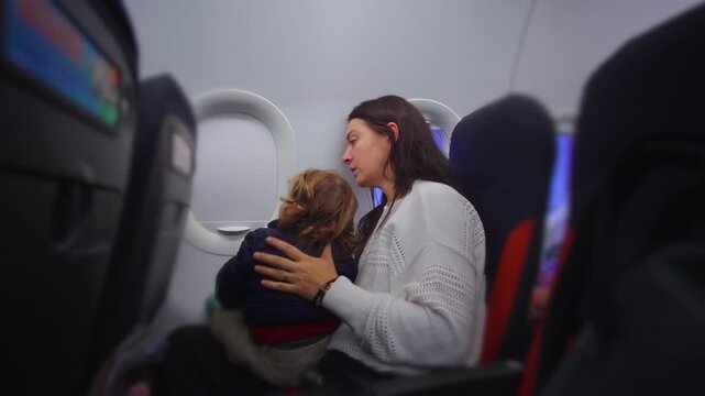 Toddler sitting on caregiver lap reaching for airplane window while plane waits to depart evoking curiosity engagement and gentle preflight exploration