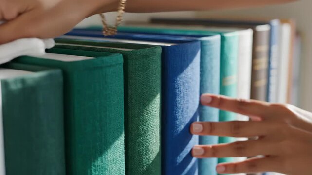 Close-up of woman's hands dusting books on a shelf with a white cloth. Housekeeping and spring cleaning concept. Wiping dust from hardcover spines in a home library