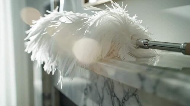 White feather duster resting on a marble mantelpiece in bright sunlight. Close-up of soft ostrich feathers for housekeeping and dusting. Spring cleaning and home renovation concept