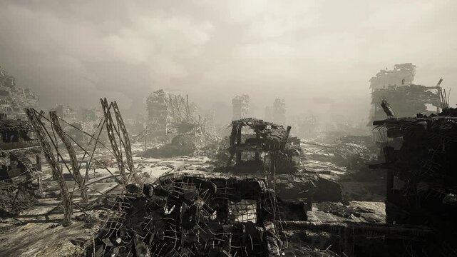 Rusted bus stranded amid crumbling skyline and overgrown lot, close foreground detail of metal decay, background towers receding into hazy cloud, mood of halted