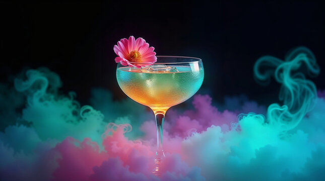 Vibrant neon cocktail in elegant coupe glass with pink flower garnish and colorful smoke atmosphere