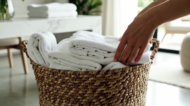 A woman places fresh folded white towels into a wicker laundry basket. Housekeeping and home organization in a modern bathroom. Spring cleaning concept