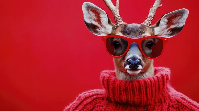 Cute deer wearing stylish sunglasses and a red sweater, ready for the holidays.