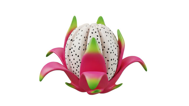 A vibrant stylized 3D render of a white fleshed dragon fruit with pink and green bracts isolated on a black background representing a unique food and health concept