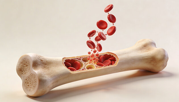 3D Medical Illustration of Long Bone Cutaway Showing Bone Marrow Red Blood Cell Production Hematopoiesis and Skeletal Anatomy Internal Structure