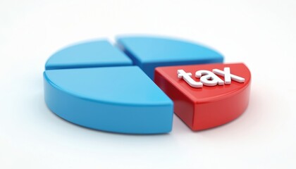 3d pie chart visualizes economic data with a highlighted red section labeled tax. Blue segments represent other financial parts. Clean white background emphasizes financial concept.