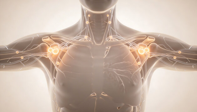 3D Medical Illustration of Simplified Upper Torso Showing Lymphatic System Nodes Vessels and Immune Network Anatomy with Glowing Activation Points