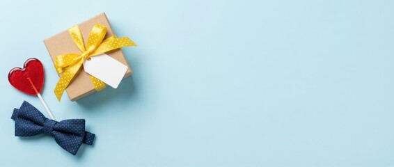 Gift giving celebration home decorative items soft blue background aerial view love and affection concept