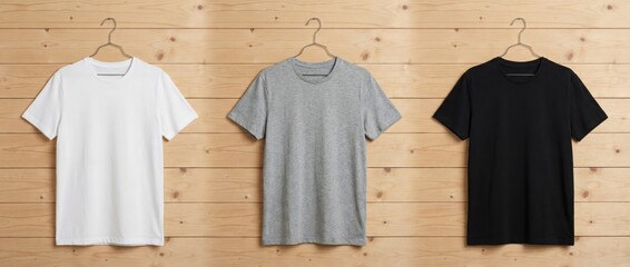 Displaying minimalist t-shirt selection in neutral colors on wooden hangers in a stylish retail environment