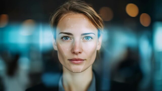 Confident young woman with digital facial recognition interface overlay, standing in a modern office environment. Futuristic technology and innovation concept captured in a professional portrait