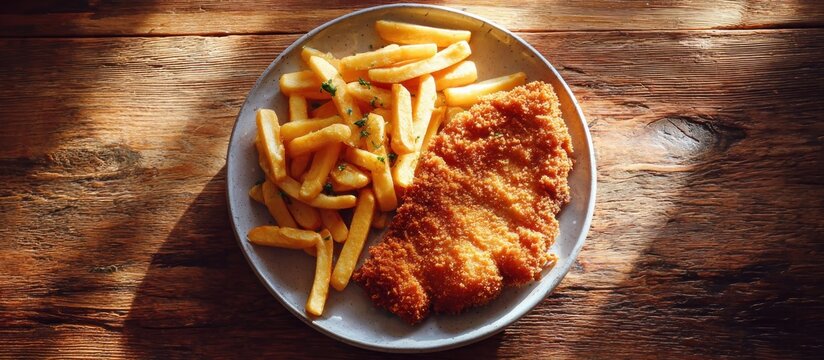 Plate of breaded cutlet and fries on wooden table with dappled light