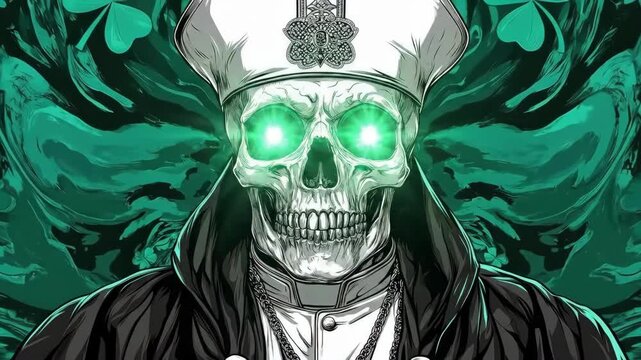 Skeleton pope with clover eyes and shamrock background in green. Saint Patrick's Day, St Paddy's Day, St Patty's Day - Irish National Holiday and Cultural Celebration