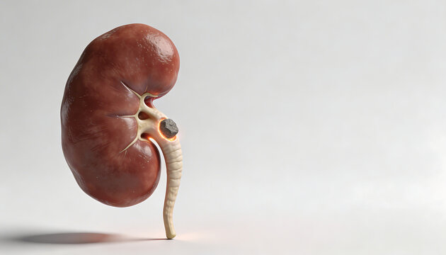 3D medical illustration of human kidney with ureter showing kidney stone calculus nephrolithiasis urology anatomy renal system medical visualization healthcare education