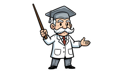 Obraz premium Old Professor Character with Pointer Stick and Mortarboard Hat