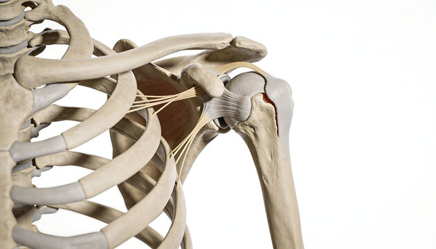 3D medical illustration of human shoulder joint with humerus clavicle scapula rotator cuff anatomy orthopedic medical visualization skeletal system healthcare education