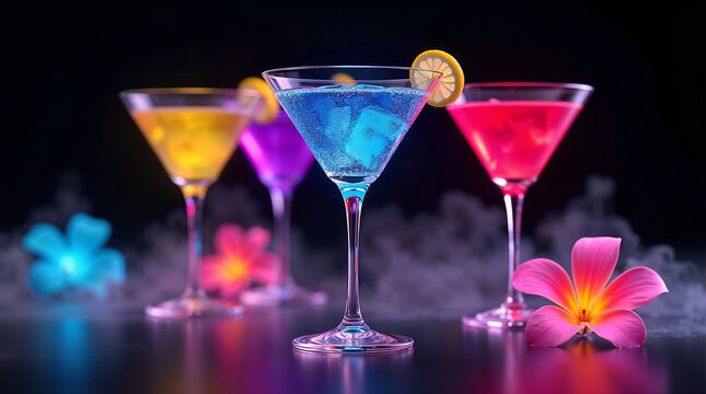 Assorted neon tropical cocktails in glasses with lemon garnish and colorful flowers in smoky atmosphere