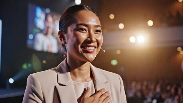 Confident Asian woman smiles warmly on stage, acknowledging audience during presentation at conference, close-up shot