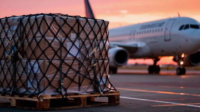 Cargo Pallets With Protective Netting In Front Of Parked Airplane At Dusk