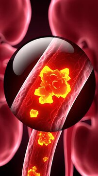 Medical animation of kidney stones forming within the renal artery a close-up view highlights internal blockages and calcifications showing a