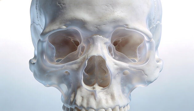 3D medical illustration of human skull front section showing facial bone structure nasal cavity orbit maxilla mandible anatomy medical visualization healthcare education